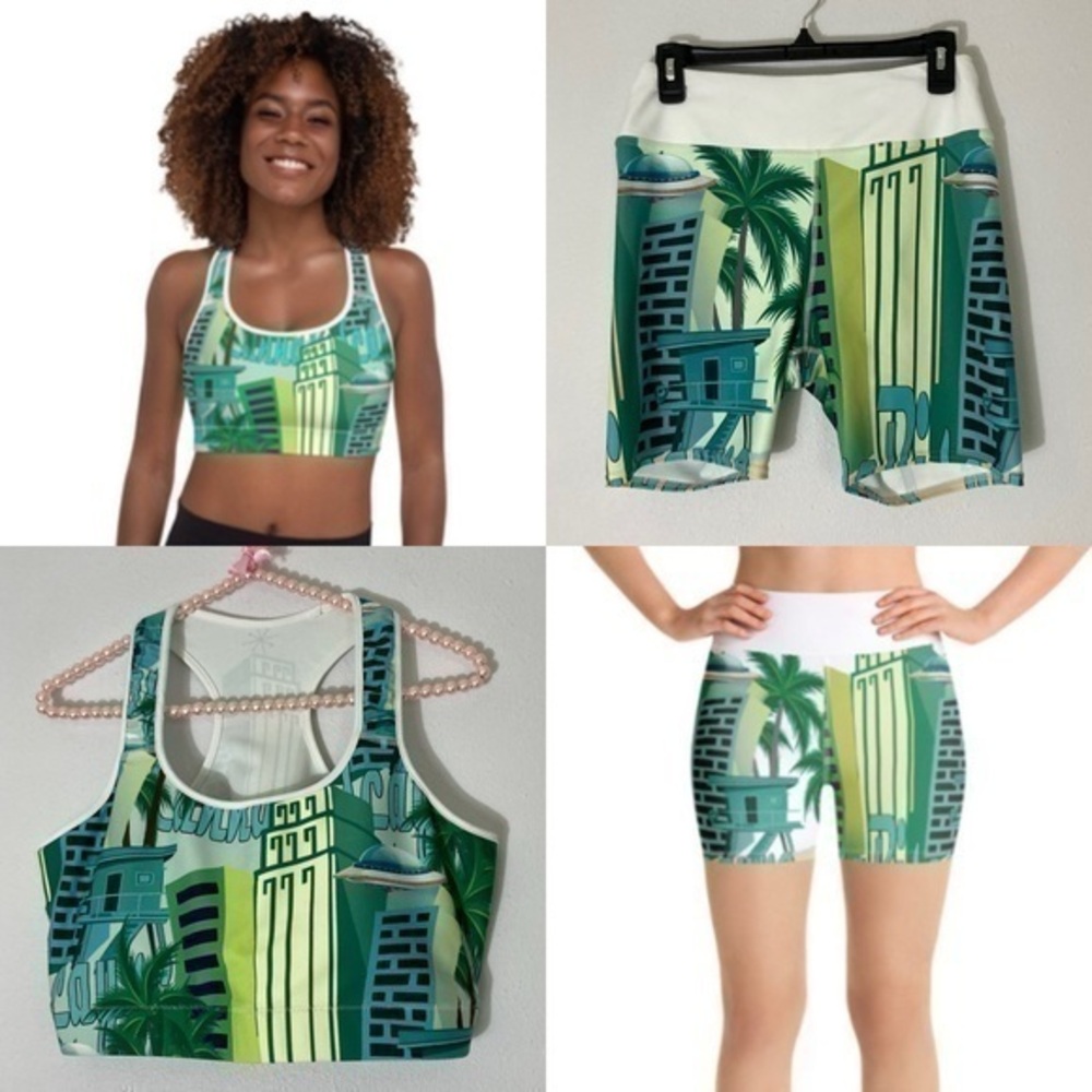 CannaBiscayne retro green printed bike shorts and sports bra set size XL